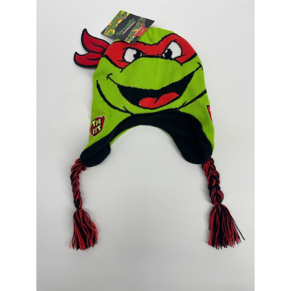 Nickelodeon TMNT Raphael Beanie Hat Boys One Size Green Red Peruvian Tassels NEW